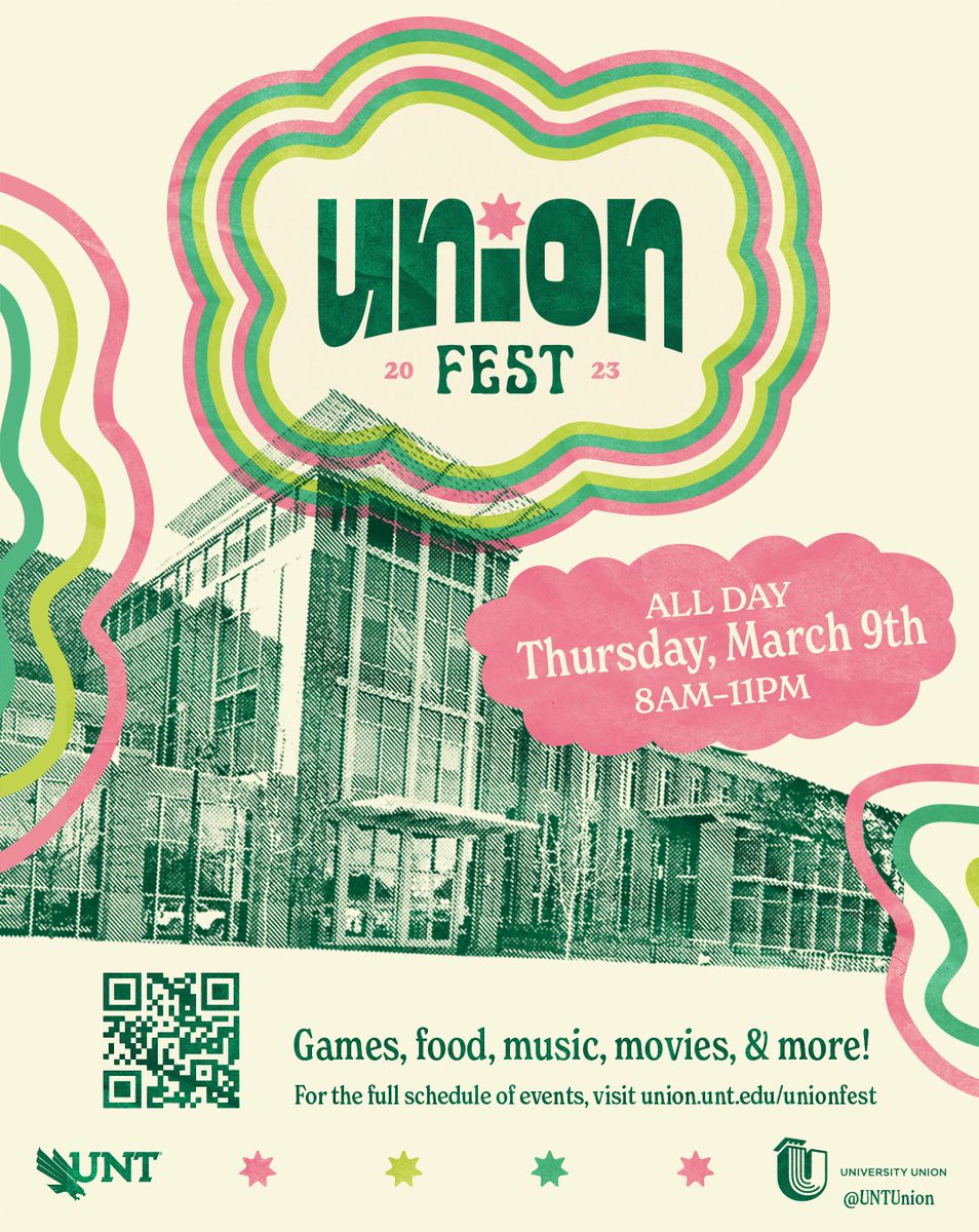 UNTUnion's tweet photo. Get ready for the biggest party of the semester with games, food, music, movies, and more!💗💚
03/09/2023
#unt #unt23 #unt24 #unt25 #unt26 #unionfest #unionfest23 https://t.co/sP7yP1OS6l