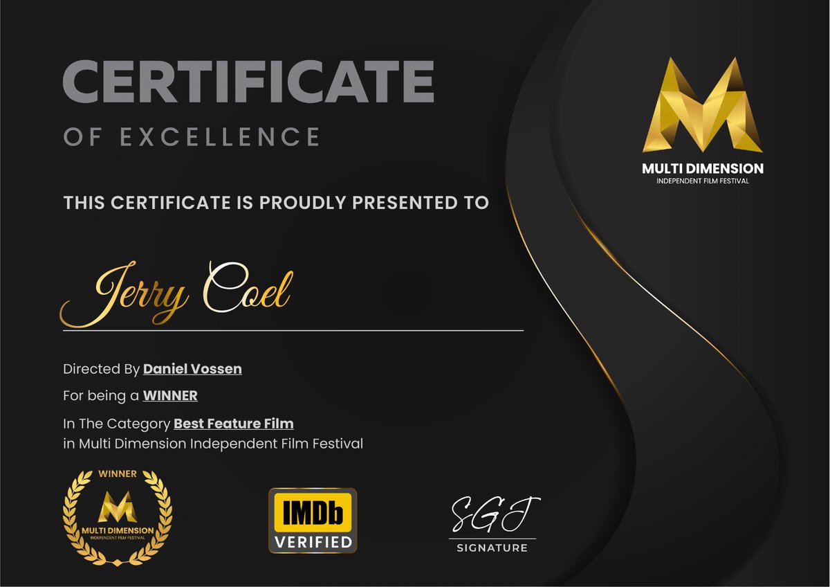 DannyVossen's tweet photo. We received the "Certificate of Excellence" for our feature film "Jerry Coel" at @MDIFF21  for best feature Film. Thank you so much. It is a great filmfestival.
@ReneVossen 
Watch "Jerry Coel" until 28th of February on the Filmfestivals website:

https://t.co/6OMylqyuoy
#Awards https://t.co/5ihpHV1UNl