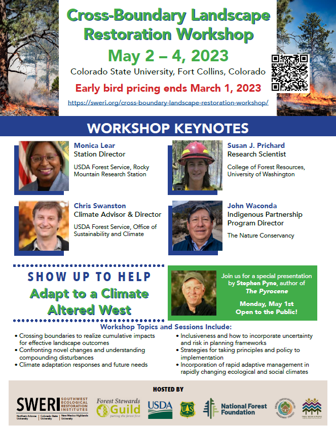 🚨 EARLY BIRD PRICING ENDS SOON!🚨 

If you have registered for the Cross-Boundary Landscape Restoration Workshop May 1-4th in Fort Collins, CO - now's the time! 

Early bird pricing ends March 1st. Hope to see you there 😀   sweri.org/cross-boundary…