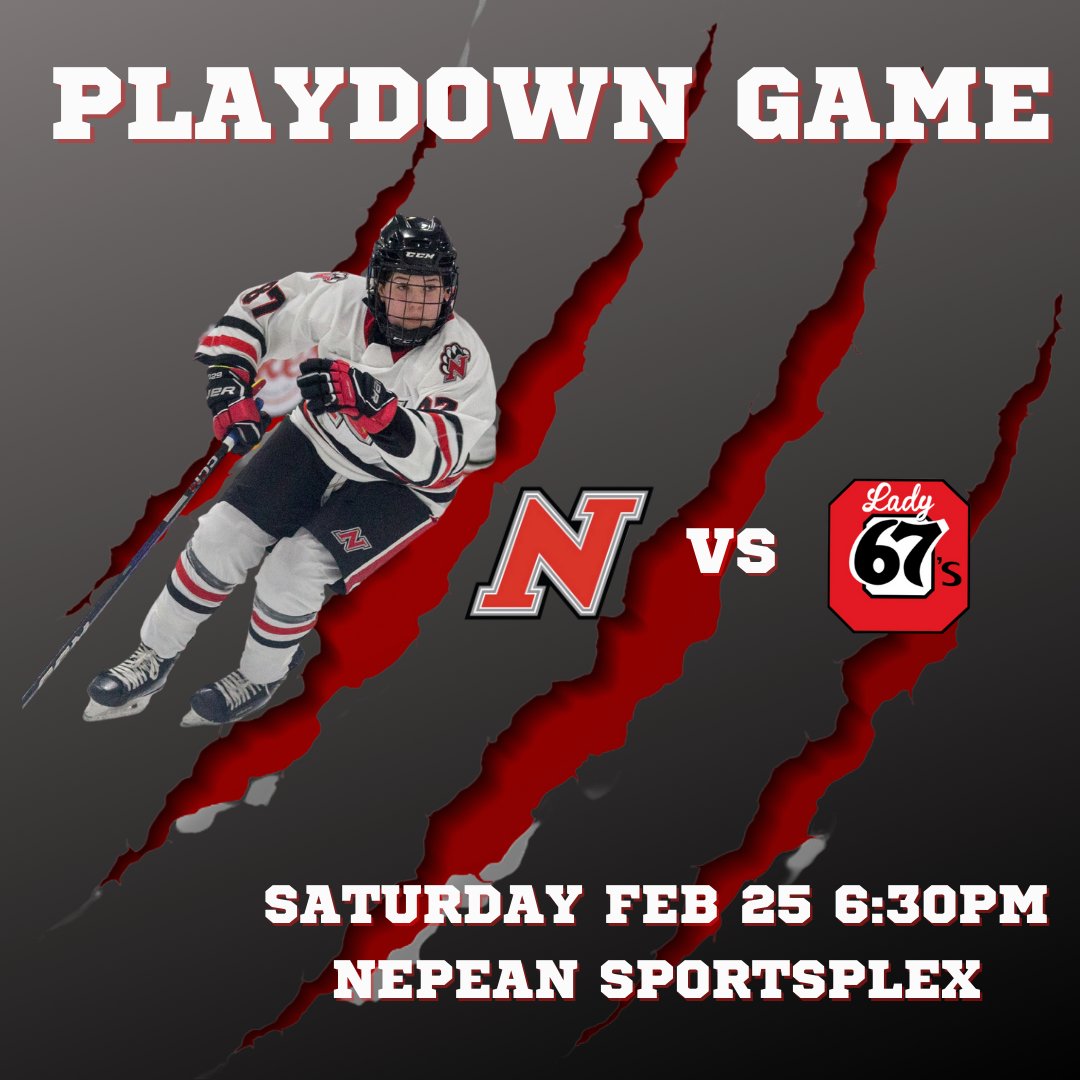 First of our 3 playdown games is against the <a href="/u15lady67s/">Ottawa U15AA Lady 67s</a> and also our last regular season game
👏🏼🥅🏒🧨👏🏼
We are competing for a berth to the @owhahockey Provincial Championships‼️
📍Nepean Sportsplex
⌚️Saturday Feb 25 at 6:30pm
#ngha #nepeanwildcats #owha #playdowns #clawsout