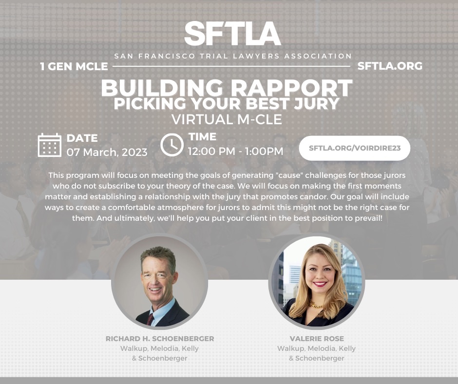 WalkupLawFirm's tweet photo. On 3/7,  Richard Schoenberger and Valerie Rose will speak on Building Rapport: Picking Your Best Jury.  

This program will focus on meeting the goals of generating "cause" challenges for those jurors who do not subscribe to your theory of the case. 
https://t.co/UTpV6GCAvB https://t.co/EaLeGtbQNW