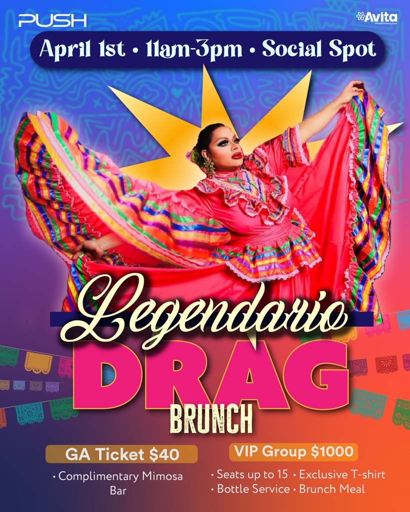 Support PUSH by attending the Legendario Drag Brunch on April 1st for a legendary drag performance &amp;  complimentary mimosa bar! 🤩Your contribution will help raise funds for sexual health services for the LGBTQ community. 🏳️‍🌈 
🎟️Tickets here l8r.it/A9Ct