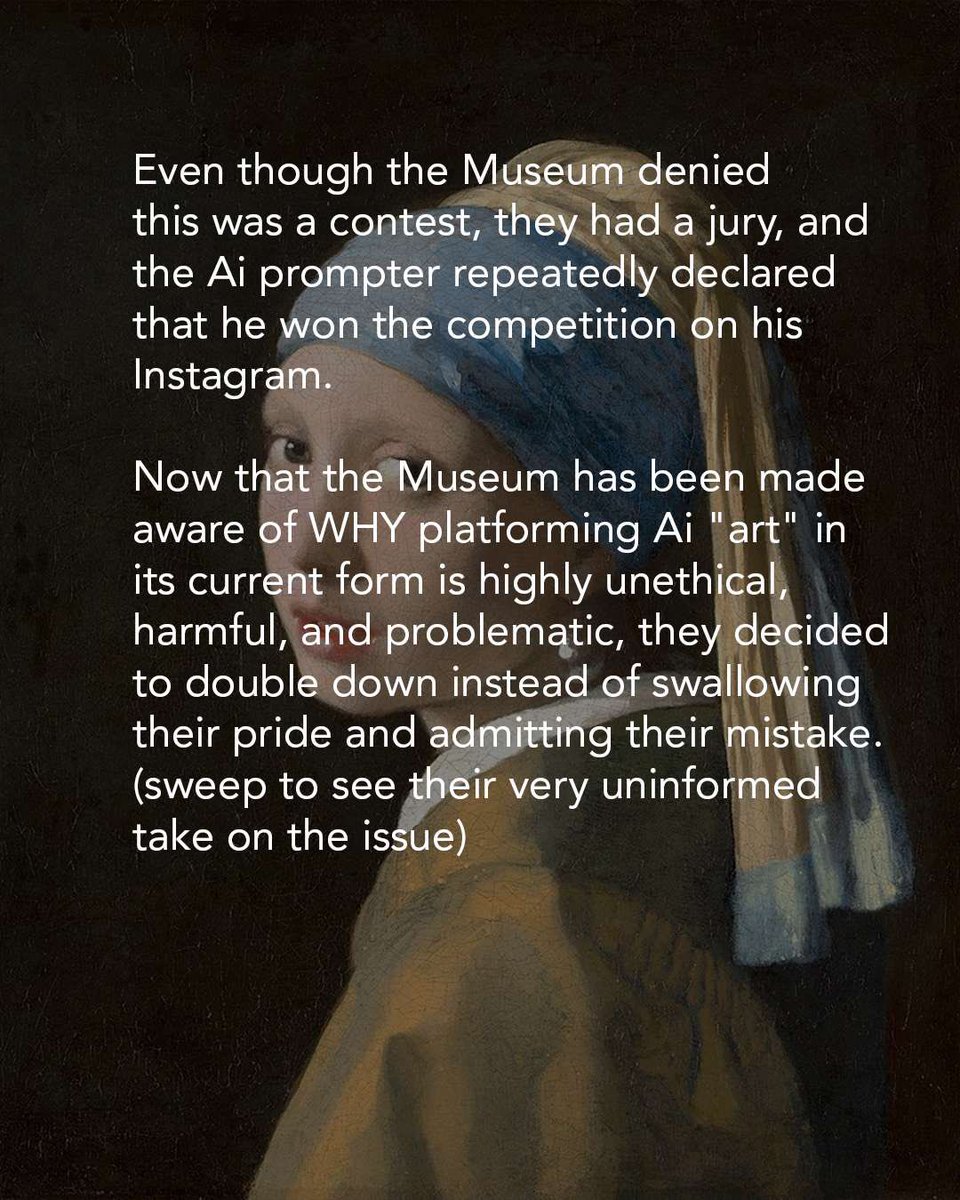 kortizart's tweet image. 1/2 SHAME on the @mauritshuis for not only elevating deeply exploitative AI generators, but for also ignoring outcry from artists AND the public. This is a disgrace to Vermeer’s legacy and the museum’s willful ignorance is slap to the face to all artists. 

Story by Eva Toorenent