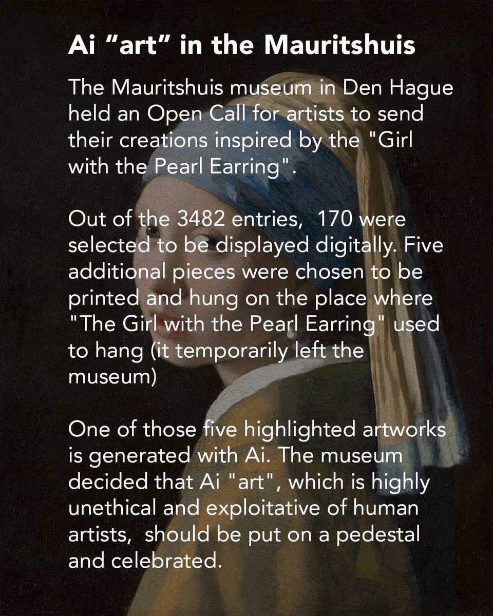 kortizart's tweet image. 1/2 SHAME on the @mauritshuis for not only elevating deeply exploitative AI generators, but for also ignoring outcry from artists AND the public. This is a disgrace to Vermeer’s legacy and the museum’s willful ignorance is slap to the face to all artists. 

Story by Eva Toorenent