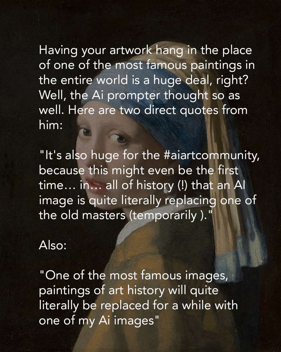 kortizart's tweet image. 1/2 SHAME on the @mauritshuis for not only elevating deeply exploitative AI generators, but for also ignoring outcry from artists AND the public. This is a disgrace to Vermeer’s legacy and the museum’s willful ignorance is slap to the face to all artists. 

Story by Eva Toorenent
