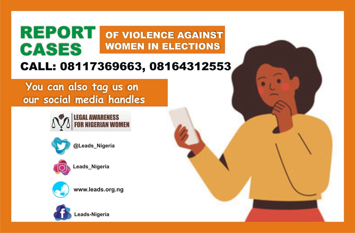 leads_nigeria's tweet photo. To report cases of violence against women in politics call the numbers on the e-flyers.
@NDI
@inecnigeria
@AminaJMohammed
@CAID_Nigeria
@chricedng
#iipgs
#hopeactionprogress
@WeYouHAP https://t.co/EOqHNFldRe