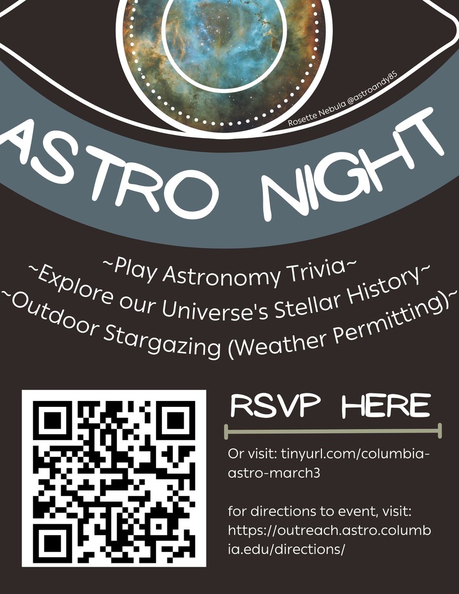 Get ready for more public astronomy next week! 6pm on Friday, March 3, in Pupin Hall: Prof. Mordecai-Mark Mac Low will be telling us about "The Cosmic History of Stellar Birth" -- see the attached flyers for more info! (and RSVP at tinyurl.com/columbia-astro…)⭐️🌟✨🌌