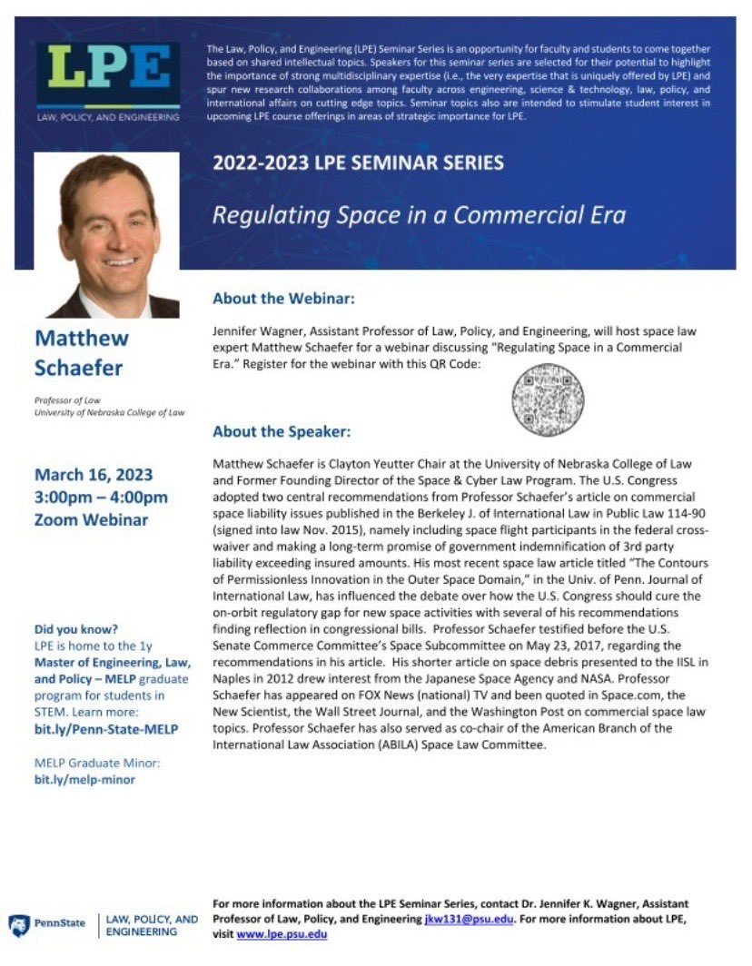 Join us on March 16 at 3 pm ET for LPE’s Seminar Series with invited speaker Dr. Matthew Schaefer, University of Nebraska College of Law and former founding director of the #Space and #Cyberlaw program. Webinar is free, register: psu.zoom.us/webinar/regist… #spacelaw #ScienceTwitter