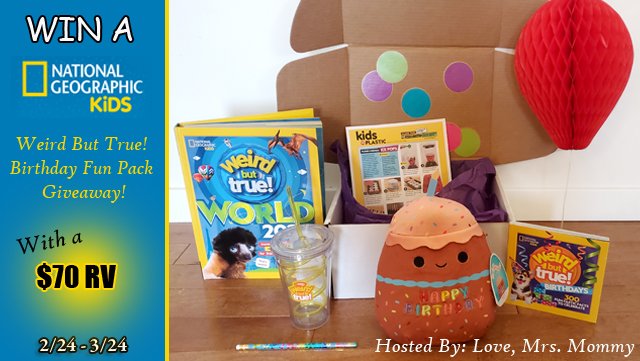 New #Giveaway! I am excited to give you the chance to #WIN this $70 <a href="/NGKids/">NatGeoKIDS</a> #Birthday Fun #PrizePack! It's filled with lots of great goodies! ENTER HERE--> bit.ly/3klOm5K

Prize Pack Includes: 2 Books, SQUISHY birthday cupcake plush, tumbler + More! 
<a href="/mediamastersbks/">Media Masters Publicity</a>