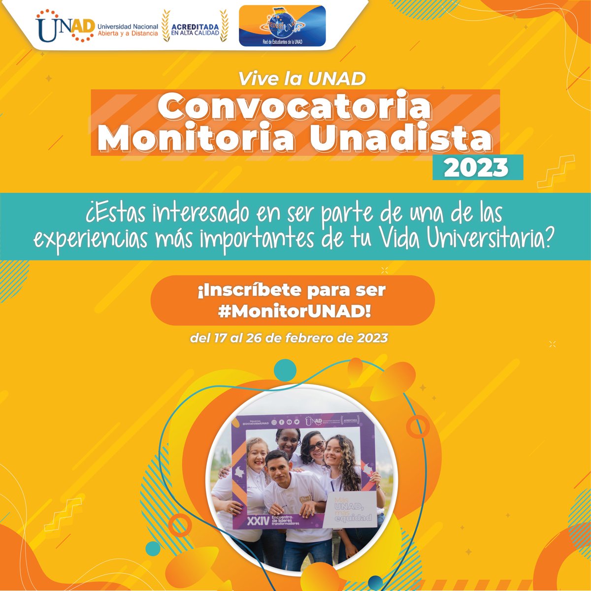 ⌛¡Quedan pocos días!👏🏻

¿Quieres ser parte del equipo de Monitores Unadistas 2023? 🙋🏻‍♂️🙋🏻‍♀️

Vive una de las experiencias más importantes de tu Vida Universitaria. ✨ 

🗓️ Inscríbete del 17 de febrero al 26 de febrero de 2023

✅Realiza tu inscripción en 👉🏻 bit.ly/414aSRf