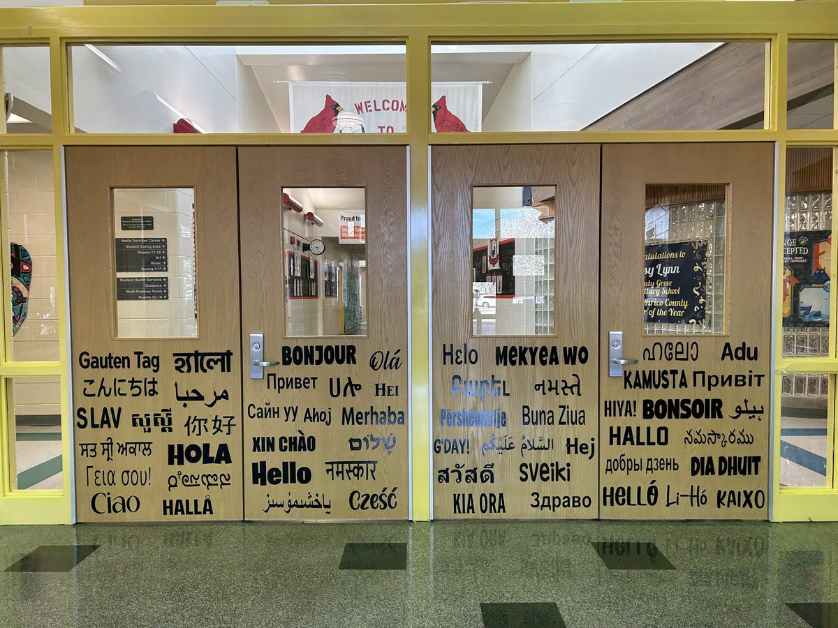 Our front doors got a facelift! This is “hello” in the 37 languages spoken at Shady Grove! #sges #youbelonghere