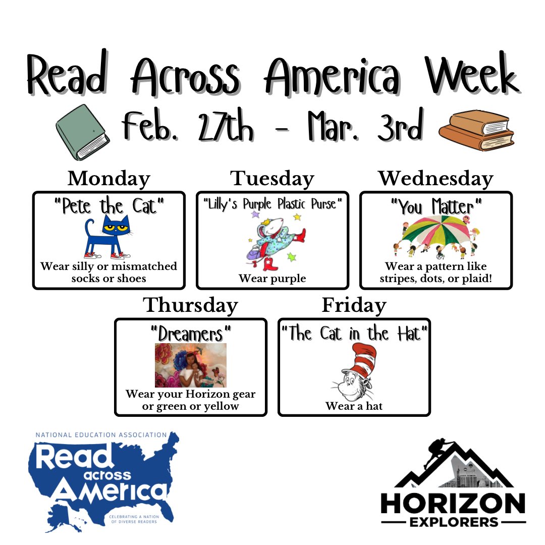 HorizonBSD's tweet image. Read Across America Week is next week, February 27th - March 3rd! 📖

#ReadAcrossAmericaWeek #DrSeuss #BSDpride #HorizonExplorersBSD