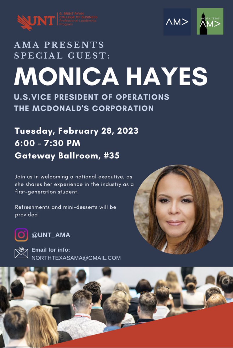 Join us this Tuesday, February 28, 2023 @ 6PM to hear from special guest speaker, U.S. Vice President of Operations of McDonald’s, Monica Hayes! Check out the flyer below for more info!