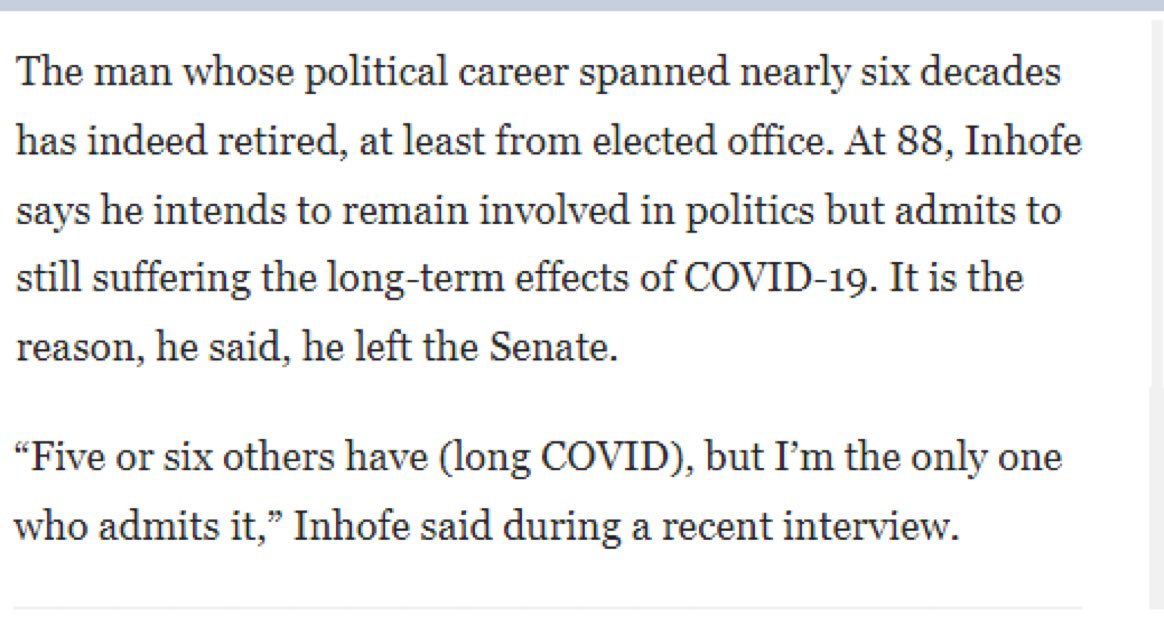 📍SENATOR RESIGNED BECAUSE OF #COVID—Senator Sen. Jim Inhofe (R-OK) now admit that one reason he resigned from the Senate - was health troubles caused by #LongCovid.  "Five or six others" in Congress have the same problem, <a href="/JimInhofe/">Sen. Jim Inhofe</a> says. Wow. tulsaworld.com/news/state-and…