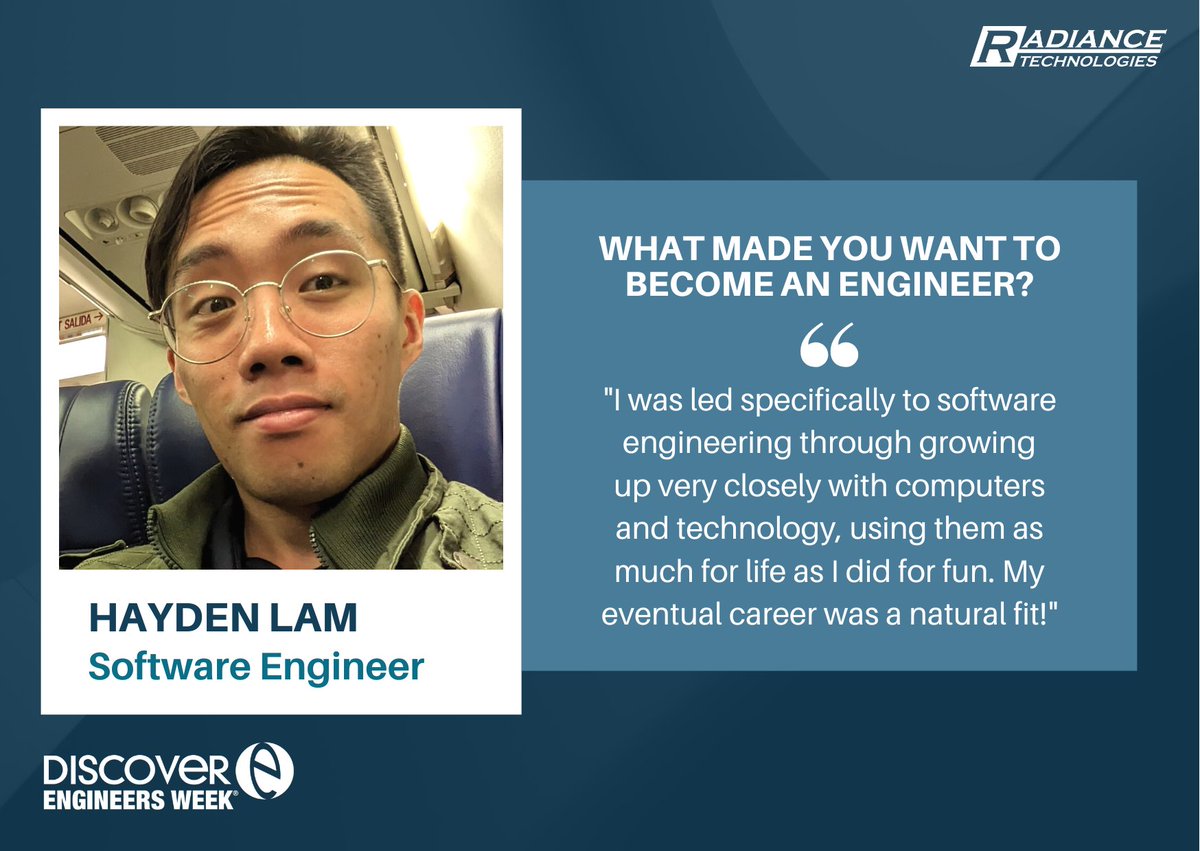 radiancetechinc's tweet image. Our final #EWeek2023 spotlight is Software Engineer, Hayden Lam! “I was led specifically to software engineering through growing up very closely with computers and technology, using them as much for life as I did for fun. My eventual career was a natural fit!” #WhatEngineersDo