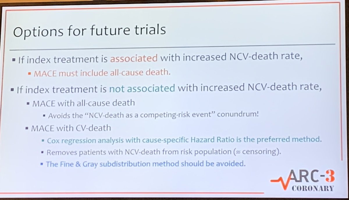 Great talk on statistical considerations of CV death, and Non-CV death, and all cause mortality as endpoints of clinical trials at #ARC3 by Jan Tijssen @spitzertweets @Drroxmehran @GreggWStone @mwkrucoff @DonaldCutlip @ron_waksman @JoostDaemen @Kandzari @Costa_F_8