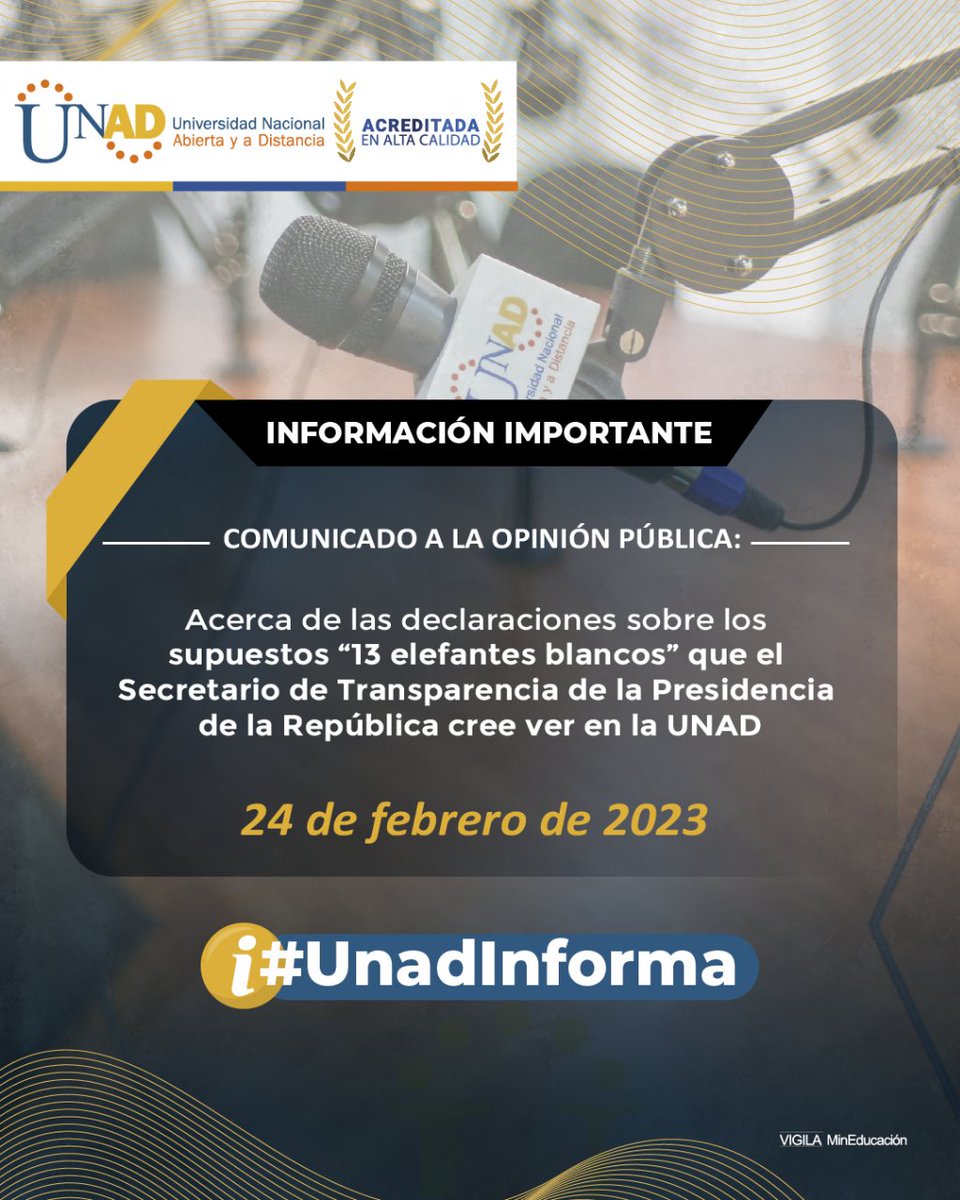 📌 A propósito de las declaraciones del secretario de Transparencia de la Presidencia sobre “13 supuestos elefantes blancos” en la UNAD, el rector, Jaime Leal Afanador, responde a estas falsas acusaciones.

Conoce el comunicado aquí 👉 noticias.unad.edu.co/index.php/unad…

<a href="/JaimeLeal_/">Jaime Leal Afanador</a>