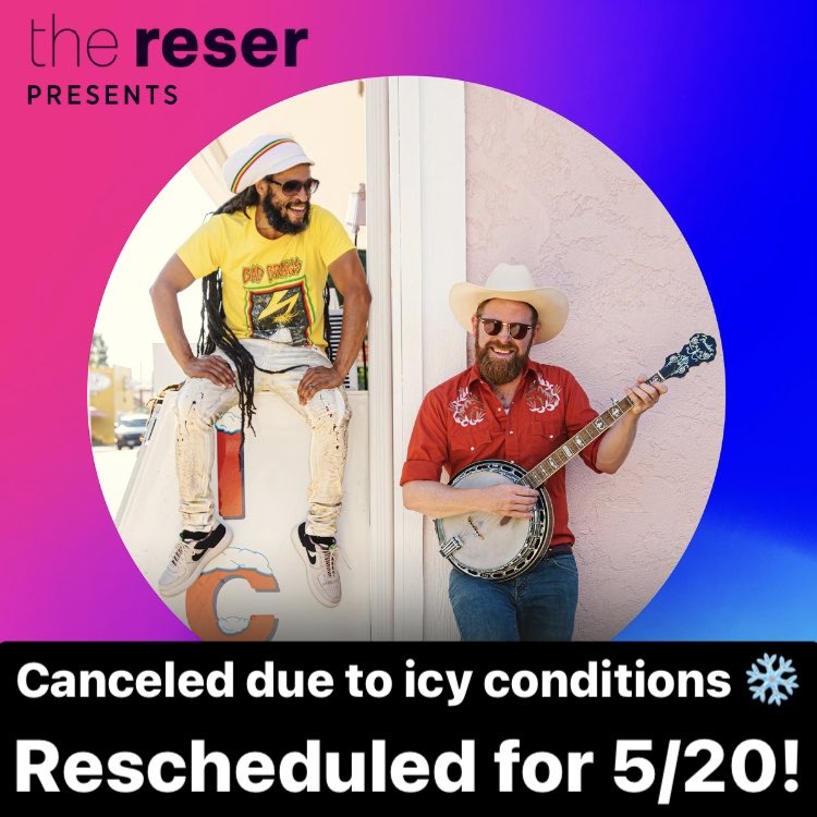 Out of an abundance of caution, ⁦@ReserArtsCenter⁩, ⁦@aaronnigelsmith⁩ & I have decided to reschedule our Smith & Yarn show tmrw, 2/25, for Sat, 5/20. With low temps tonight, we do not want to encourage families to drive tomorrow morning. Be safe out there! ❤️