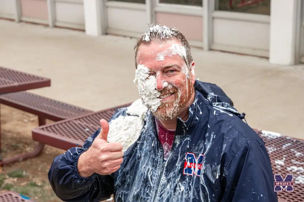 AngelaHardinEdu's tweet photo. Thanks for being a good sport @DavidNaylorEdu and allowing 45...um...I mean 46 π whipped cream pies in the face! And in 30 degree weather! π Best moment of my week! π @EKUModel #fundraiser #principalprops https://t.co/hKhIhZXKr1