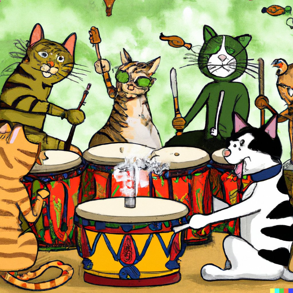 Delta8Update's tweet photo. Meow-sicians unite! These cats in a drum circle with #cannabis are really feeling the beat. It's a purrfectly peaceful and groovy scene. 😻🥁 #420Life #Mmemberville #AIgenerated #cannabislife #CatsOfTwitter #catsnoirfriday https://t.co/1p2uOCMu9r