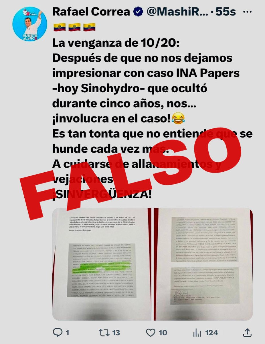 FiscaliaEcuador's tweet photo. #ATENCIÓN | Los comentarios difundidos en esta cuenta son FALSOS: los documentos publicados son evidentemente modificados y no corresponden al #CasoSinohydro. #FiscalíaEc reitera su llamado a informarse por fuentes oficiales y a no hacerse eco de "noticias" malintencionadas. https://t.co/UoYpabpdID