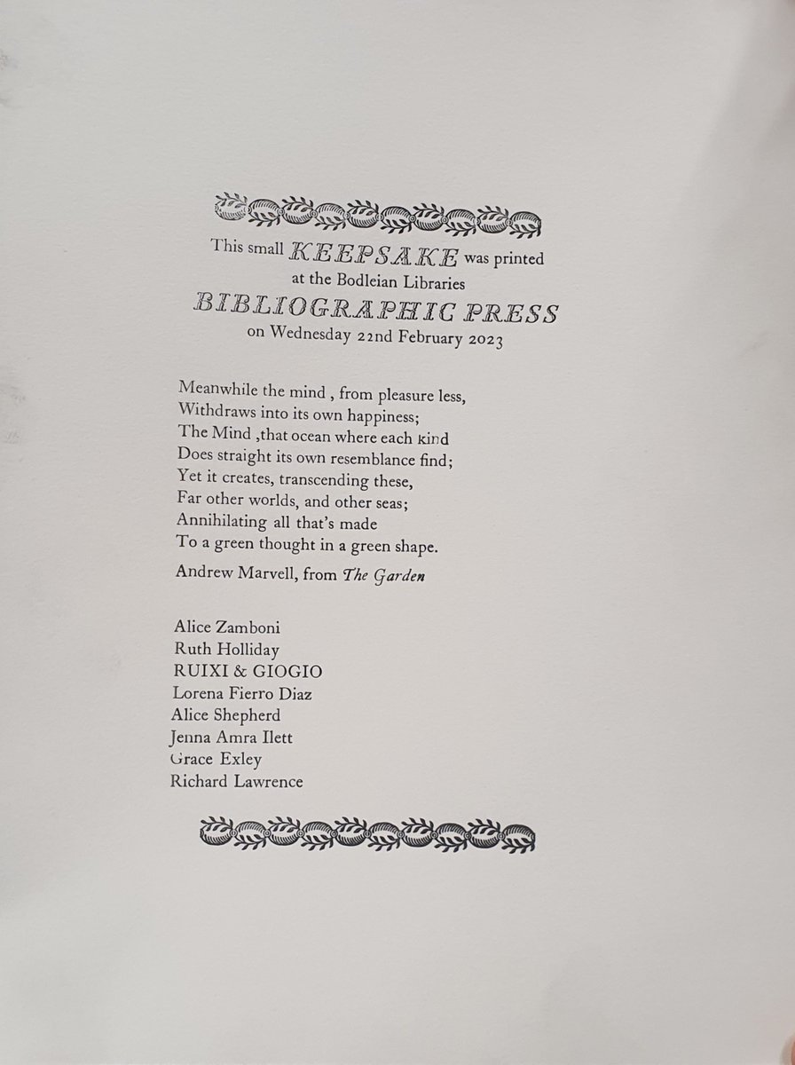 Oxford Libraries Trainees (@oxlibtrainees) on Twitter photo 🔡 Recently, the trainees learned the basics of setting by hand in the <a href="/bodleiancsb/">Bodleian Centre for the Study of the Book</a> letterpress workshop.
🔠 They set the poem The Garden by Andrew Marvell and printed a keepsake.
🔤 Are you keen to learn? <a href="/bodleianlibs/">Bodleian Libraries</a> offers a course starting in May: tinyurl.com/ya5txmj5 🔡 Recently, the trainees learned the basics of setting by hand in the <a href="/bodleiancsb/">Bodleian Centre for the Study of the Book</a> letterpress workshop.
🔠 They set the poem The Garden by Andrew Marvell and printed a keepsake.
🔤 Are you keen to learn? <a href="/bodleianlibs/">Bodleian Libraries</a> offers a course starting in May: tinyurl.com/ya5txmj5