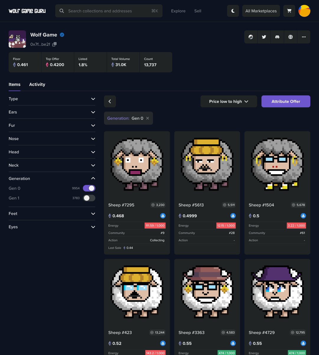 Introducing the <a href="/wolfdotgame/">Wolf Game</a> Guru Marketplace:

- Buy &amp; sell using WOOL 🐑
- Energy, location and action for sheep/wolves
- Cooldown state for farmers
- Structures &amp; tax-claims for lands
- Claimable amount for pouches (coming)

marketplace.wolfgame.guru

Powered by <a href="/reservoir0x/">Reservoir</a>