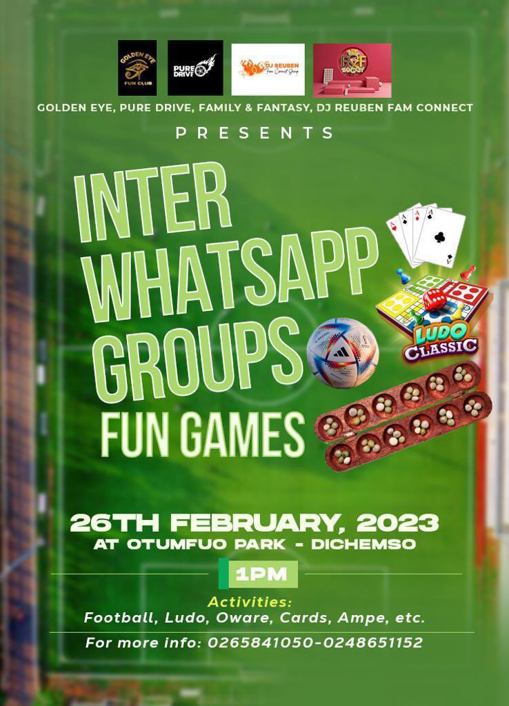 Inter WhatsApp Group fun Games coming on this Sunday at Dichemso 
@kooSebor #puredrive @Masebillion1 @DJLamarGh @Pure957fm