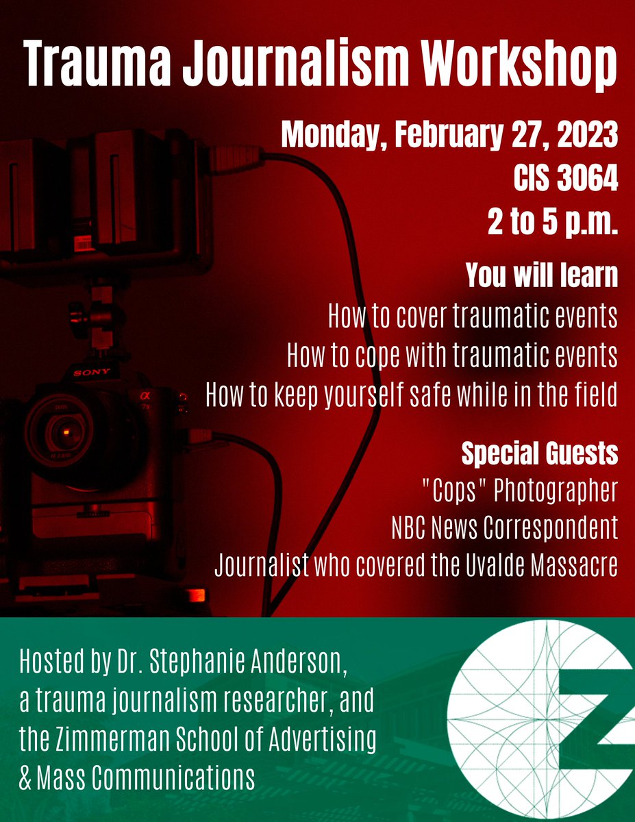 Please join us for the Trauma Journalism Workshop happening Monday, February 27th, at The University of South Florida - CIS 3064 from 2:00 - 5:00 pm. We hope to see you there! #usfzschool  #studentjournalism