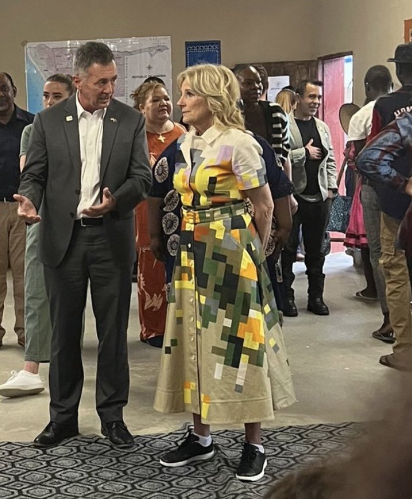 LidoDude's tweet image. Jill Biden in a pic from a few days ago sporting a Mineshaft Dress, white socks, and black sneakers... 

Definitely NOT a Melania Trump style, elegance, and grace type of FLOTUS.