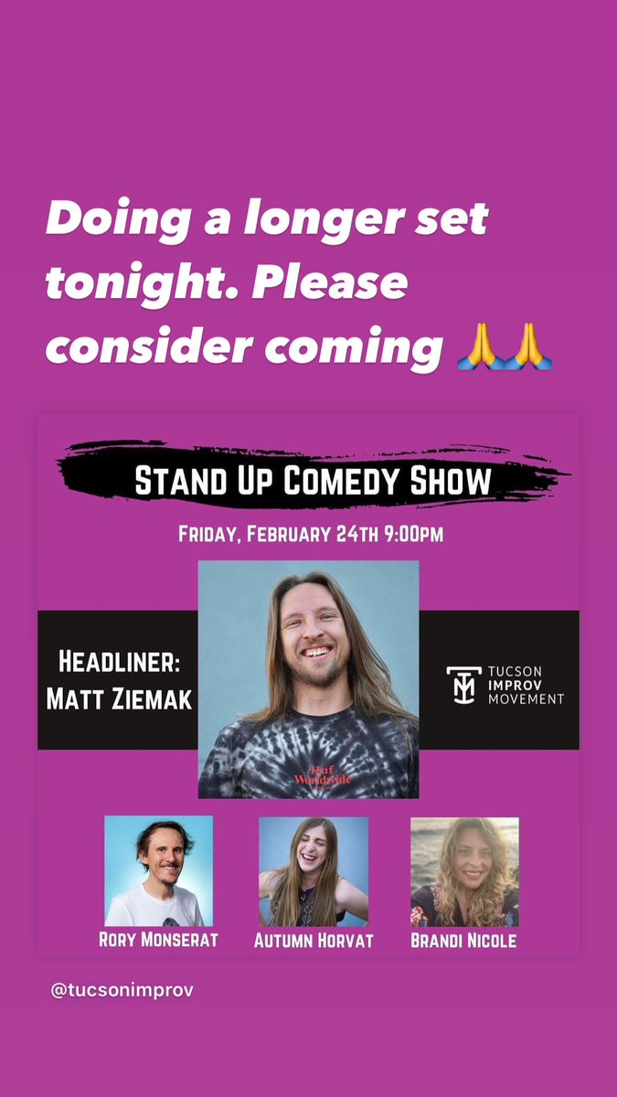 Hello, I am doing a longer stand up set that will be recorded tonight at Tucson Improv Movement (414 e. 9th st.) 

Please consider coming if you are in #Tucson.  What do you think <a href="/whatsuptucson/">Whats Up Tucson</a>?