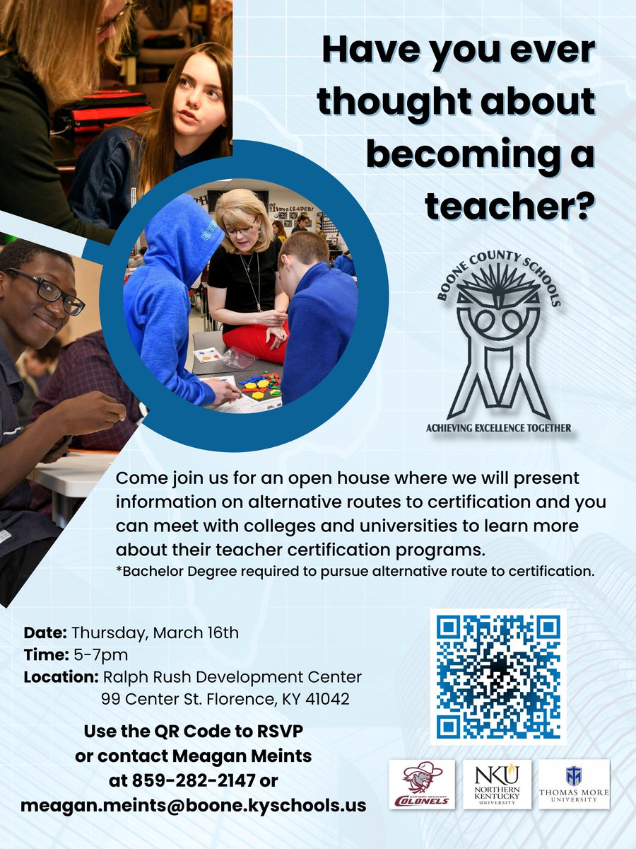 Were you not able to make our Alternative Routes to Teacher Certification presentation/open house last fall? You are in luck, we are back for Round 2! Please see the attached flyer for more information or click the link to sign up today!
signupgenius.com/go/10c0e48adad…