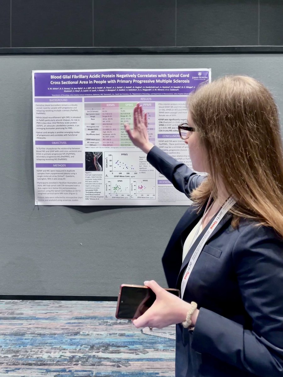 SamRomanMD's tweet photo. Dr. Schorr discussing how serum GFAP may represent a biomarker of cord atrophy and progression, as levels correlate with decreased spinal cord volume in patients with primary progressive MS. 
@EmilySchorrMD 
#ACTRIMS2023 
#WomenInNeurology
#HopkinsMSCenter https://t.co/W5hwIJERbs