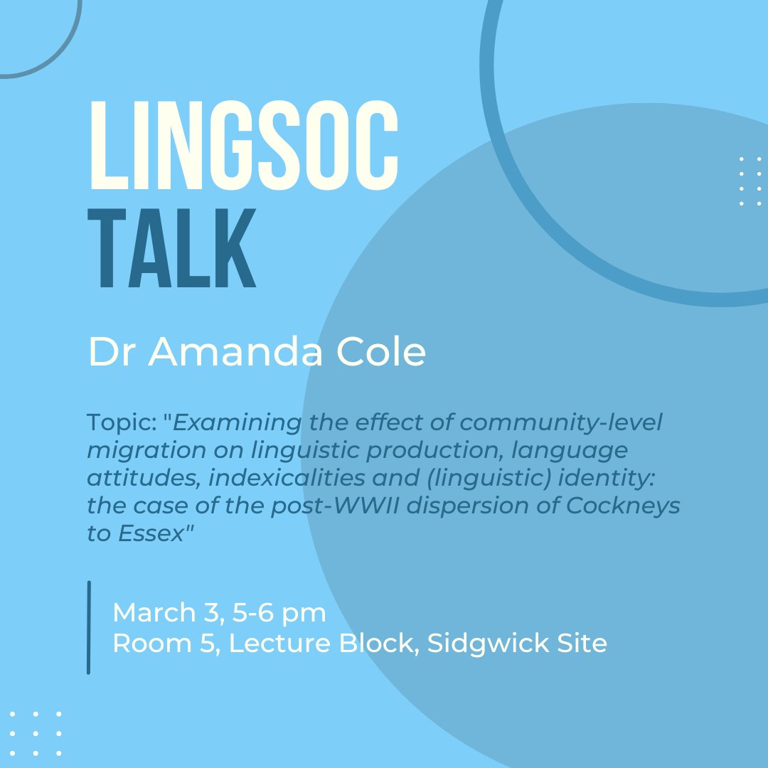 CULingSoc's tweet photo. Join us next Friday, March 3, from 5-6 pm in Room 5, Lecture Block, to hear an exciting talk from Dr Amanda Cole (Essex)! The abstract has been shared with our mailing list. https://t.co/NLUsEI9uCh
