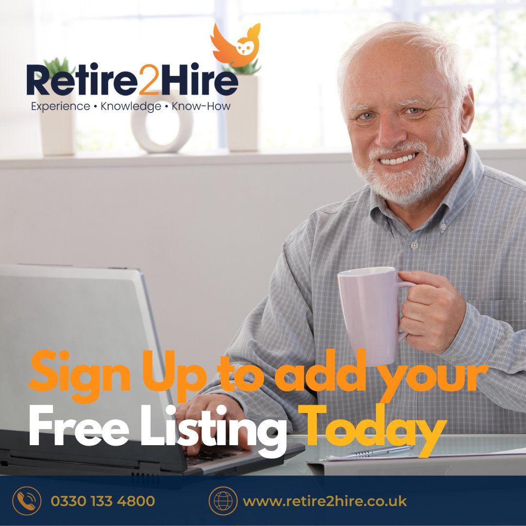 Retire2H's tweet image. Looking to sign up on a platform that will help you reach thousands of potential clients every week? Sign up today for your free listing and join our growing community of talented retirees! 
📞 0330 133 4800 🌐 retire2hire.co.uk
 #onlinecommunity #retire2hire #skills4hire