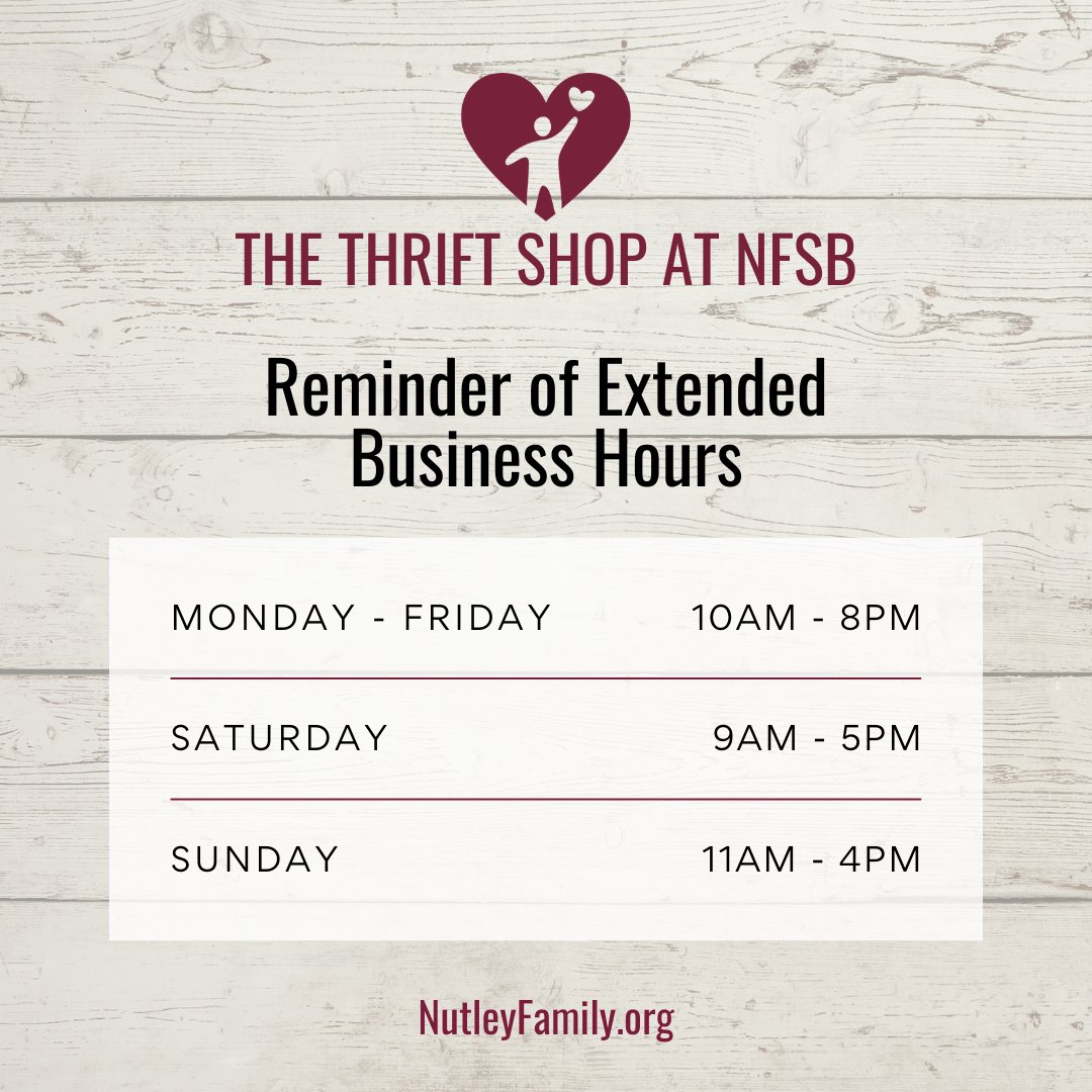 nfsb_nutley's tweet photo. Reminder of extended business hours:
M-F 10am-8pm, Saturday 9am-5pm, Sunday 11am-4pm, we are open on SUNDAYS for your shopping convenience.
#nutley #nutleynj #thirftshopnj #thriftshopatnfsb #thriftstorenj #nfsb https://t.co/E7nfDCKc1J