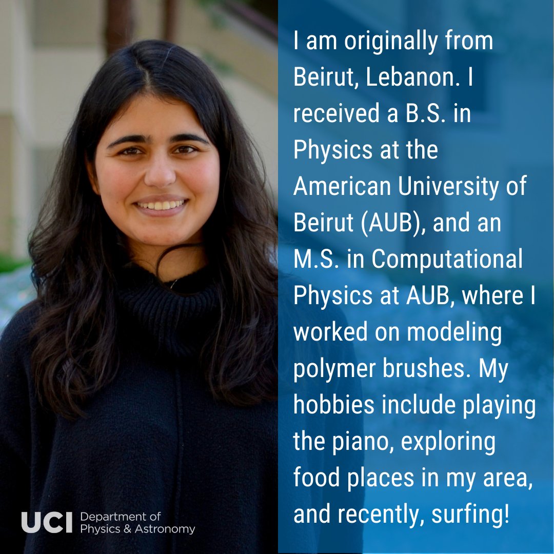Meet Carmen Al Masri, 3rd year #PhD #student in Professor Yu's #research group. Swipe to learn more about her and her research on specific DNA binding of transcription factor domain proteins! 
<a href="/UCIPhysSci/">UC Irvine School of Physical Sciences</a> <a href="/UCIrvine/">UC Irvine</a> #physics