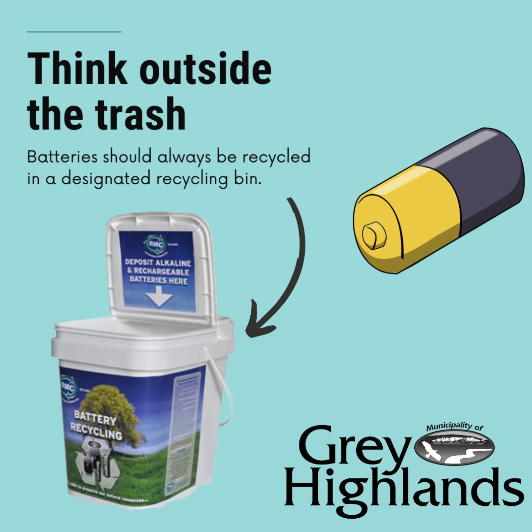 GreyHighlands1's tweet photo. You can now safely dispose of and recycle your batteries at convenient locations through #GreyHighlands! The libraries and arenas have battery recycling stations where you can drop off your household batteries to be recycled.  Find out more at https://t.co/VYaHHh74Nt https://t.co/aDpr52XNrQ