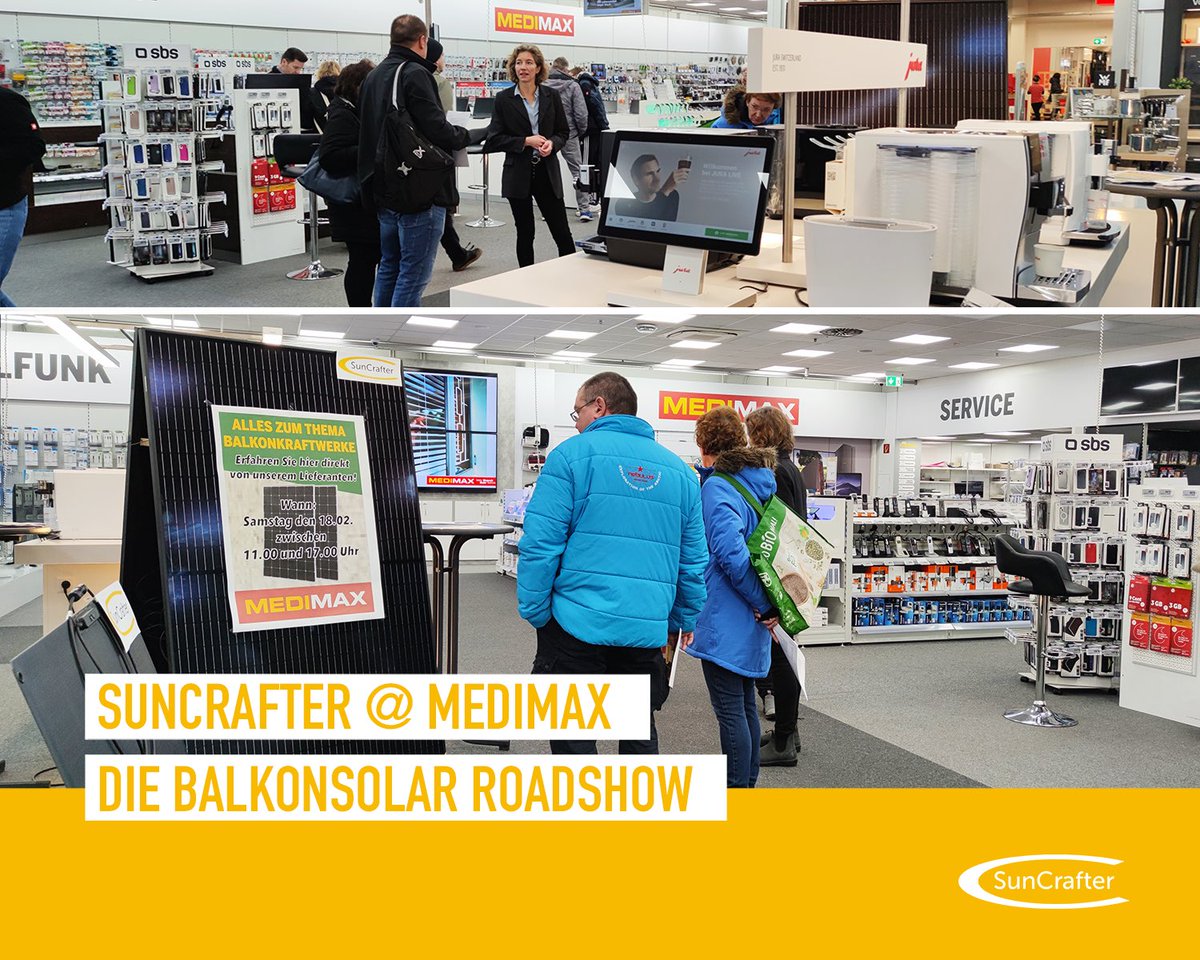 SunCrafter's tweet photo. #SunCrafter gibt es jetzt auch in ausgewählten MEDIMAX Filialen.
Auf unserer #Balkonsolar Roadshow konnten wir direkt vor Ort erklären, wie ein #Balkonkraftwerk funktioniert. Es ist schön zu sehen, dass #Steckersolar endlich auch in der breiten Bevölkerung angekommen ist. https://t.co/b7df6WNIQU