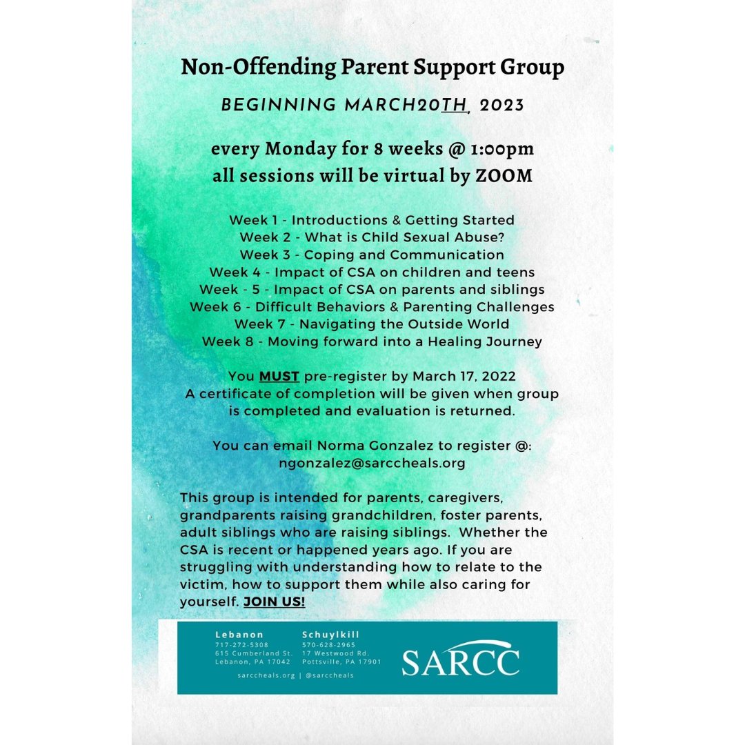 SARCC's tweet photo. Non-Offending Parent Support Group
https://t.co/oUxA7ritZJ https://t.co/Lhgm8C7jBG