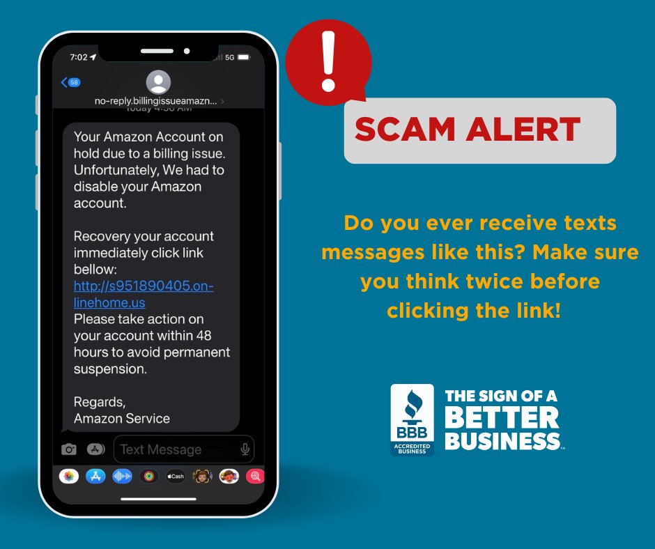 BBBMidTN's tweet photo. As text message scams rise, BBB has you covered with all the tips you need to stay safe!
Read more:
https://t.co/WHkJk1Ex5M
#BBB #AmazonScam #TextmessageScams https://t.co/Q9aqXAw5G5