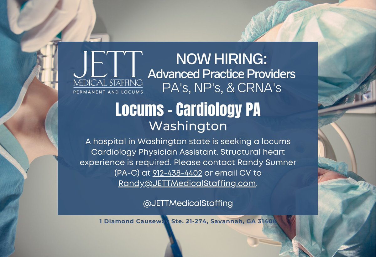 Now Hiring a Locums Cardiology Physician Assistant for Washington state! Job Details: 1l.ink/3MPCTG5

#PhysicianAssistant #jobs #locums #PhysicianAssistantRecruiters #cardiacsurgery #recruiters #Washington #WashingtonJobs #WAJobs #JETTMedicalStaffing