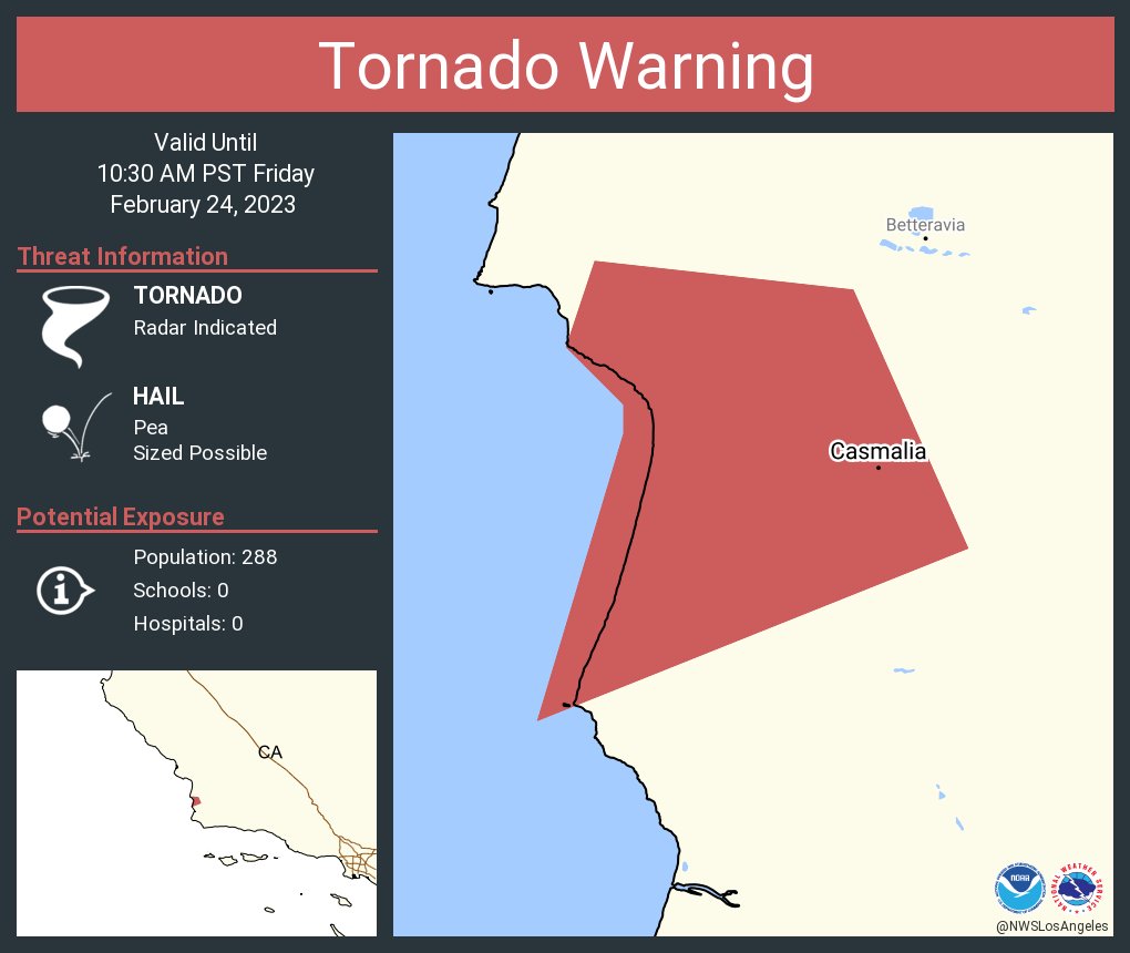 NWS Los Angeles on Twitter "Tornado Warning including Casmalia CA