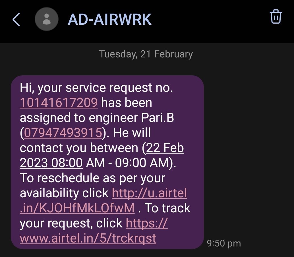 ramkumar2703's tweet photo. I've had an internet problem with Airtel broadband on February 22nd, 2023, 

On Feb 22, 2023, I filed a complaintwhich has yet to be resolved. 
And, despite filing a complaint on Feb 23rd and 24th, I have yet to receive a response.
 @airtelindia
@Airtel_Presence
@airtelcomplaint https://t.co/VY1GE9Se6S