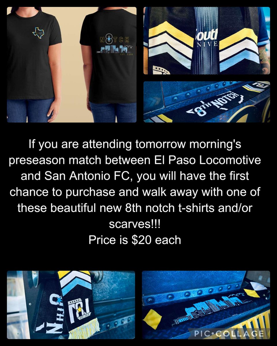 8th105Esp's tweet photo. Buenos dΓas familia Loco! Si estaran maΓ±ana en el juego de pretemporada contra SAFC, estaremos vendiendo nuestras nuevas bufandas y playeras de @8thNotchEP! Busca nos para comprar una para ti! Nos vemos pronto Locos! ππ₯πβ½οΈ #8thNotch #ChooChooMF #COYL https://t.co/jiC2ujrijg