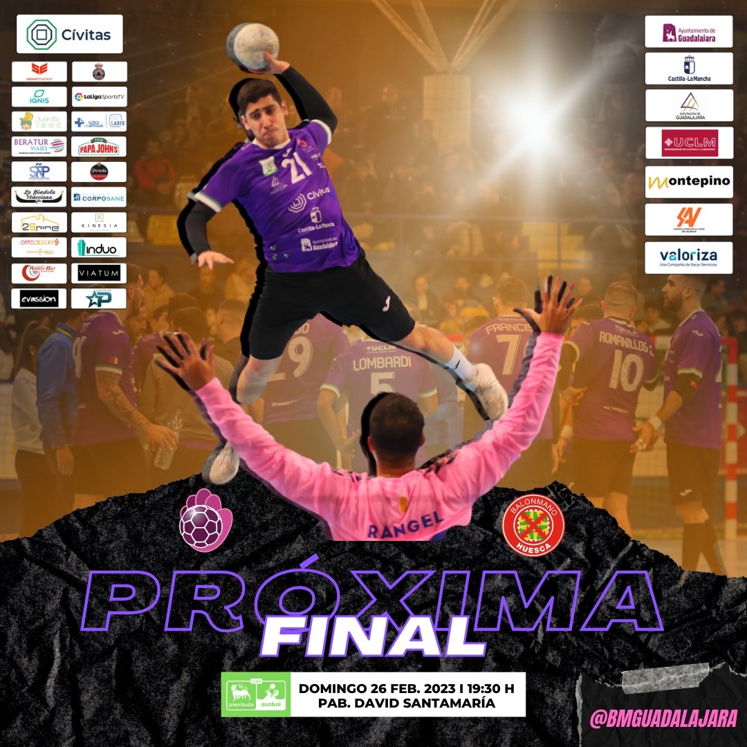 💜🖤PRÓXIMA FINAL💜🖤
¿Te la vas a perder? #AquiNadieSeRinde #ImpulsoMorado 

🏆Jornada 19 ASOBAL
🆚 BADA Huesca
📆 26 de febrero
🕢19:30 horas
🏟 Pabellón David Santamaría
📺📲 LaLigaSports
🎫15€ (cantera gratis)