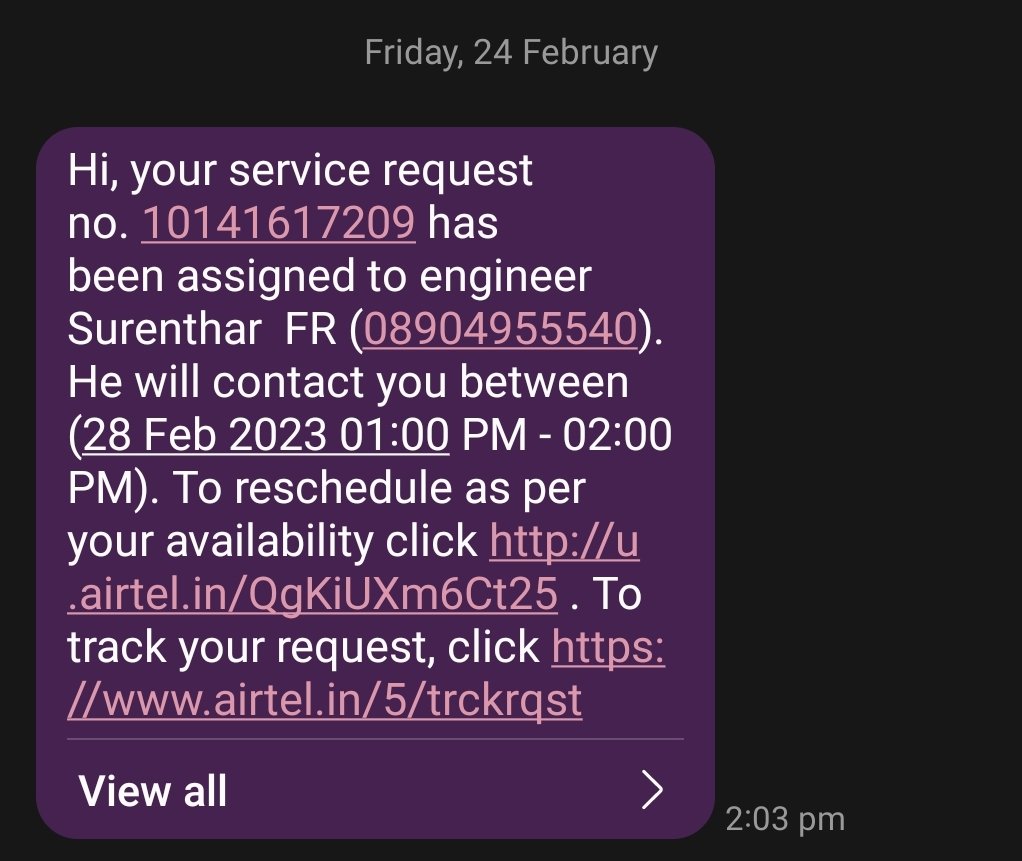 ramkumar2703's tweet photo. I've had an internet problem with Airtel broadband on February 22nd, 2023, 

On Feb 22, 2023, I filed a complaintwhich has yet to be resolved. 
And, despite filing a complaint on Feb 23rd and 24th, I have yet to receive a response.
 @airtelindia
@Airtel_Presence
@airtelcomplaint https://t.co/VY1GE9Se6S