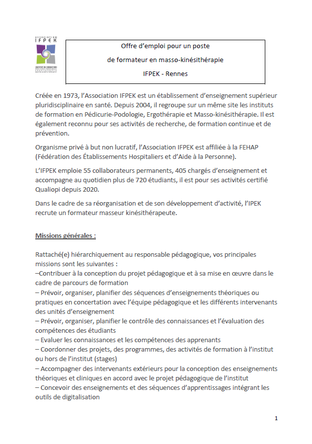 IFPEK_Rennes's tweet photo. [APPEL A CANDIDATURE] 👩‍🏫Formateur en Masso-Kinésithérapie 

👉 Vous êtes Masseur-Kinésithérapeute? Vous souhaitez intégrer une équipe dynamique 🤝 et un établissement en plein développement? N'hésitez plus et contactez-nous !‼️

#ifpek #rennes #formations #pedagogie #kine https://t.co/MdaUHX9777