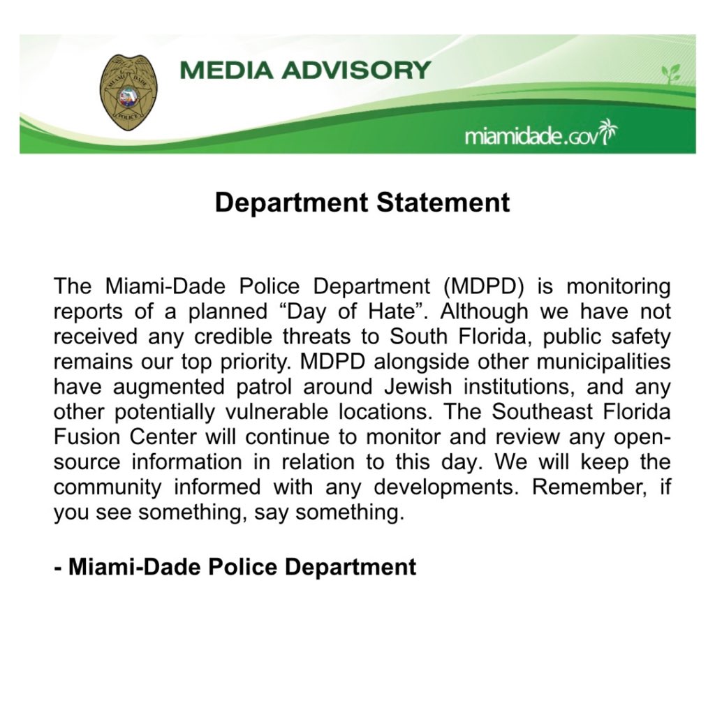 Department statement regarding reports of a planned “Day of Hate”.