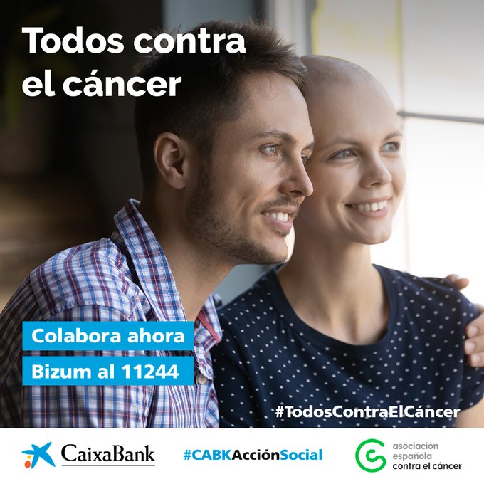 Tu colaboración al proyecto #TodosContraelCáncer es VITAL. Avancemos juntos en la prevención y tratamiento de esta enfermedad. Haz tu donativo a través de Bizum con el código 11244.

<a href="/ContraCancerEs/">Asociación Española Contra el Cáncer</a>
#CABKAcciónSocial